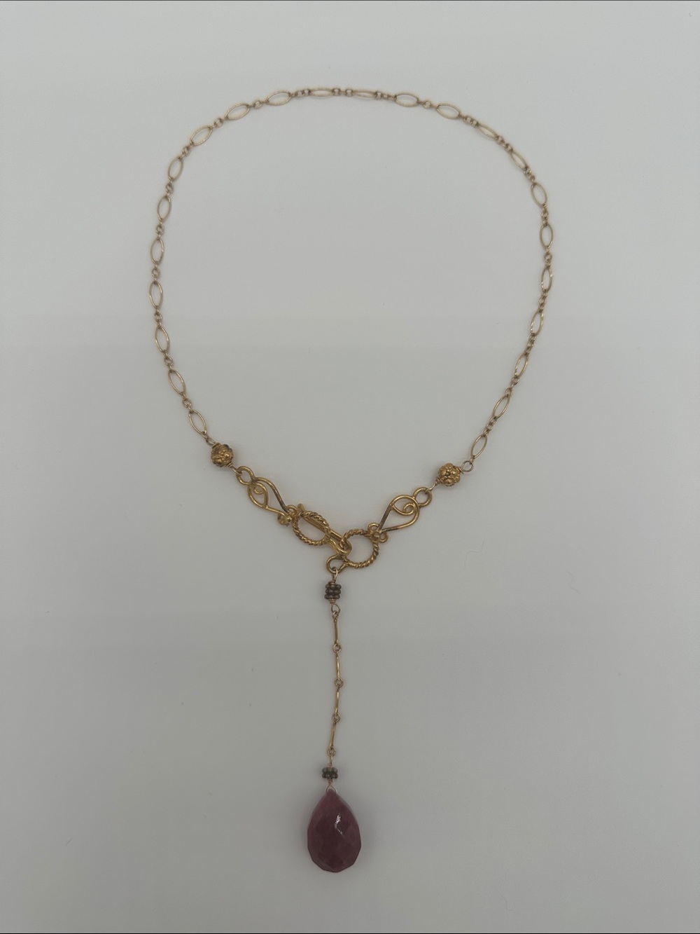 Robindira Unsworth Gold-Tone Y-Style Necklace with Ruby Colored Teardrop Pendant